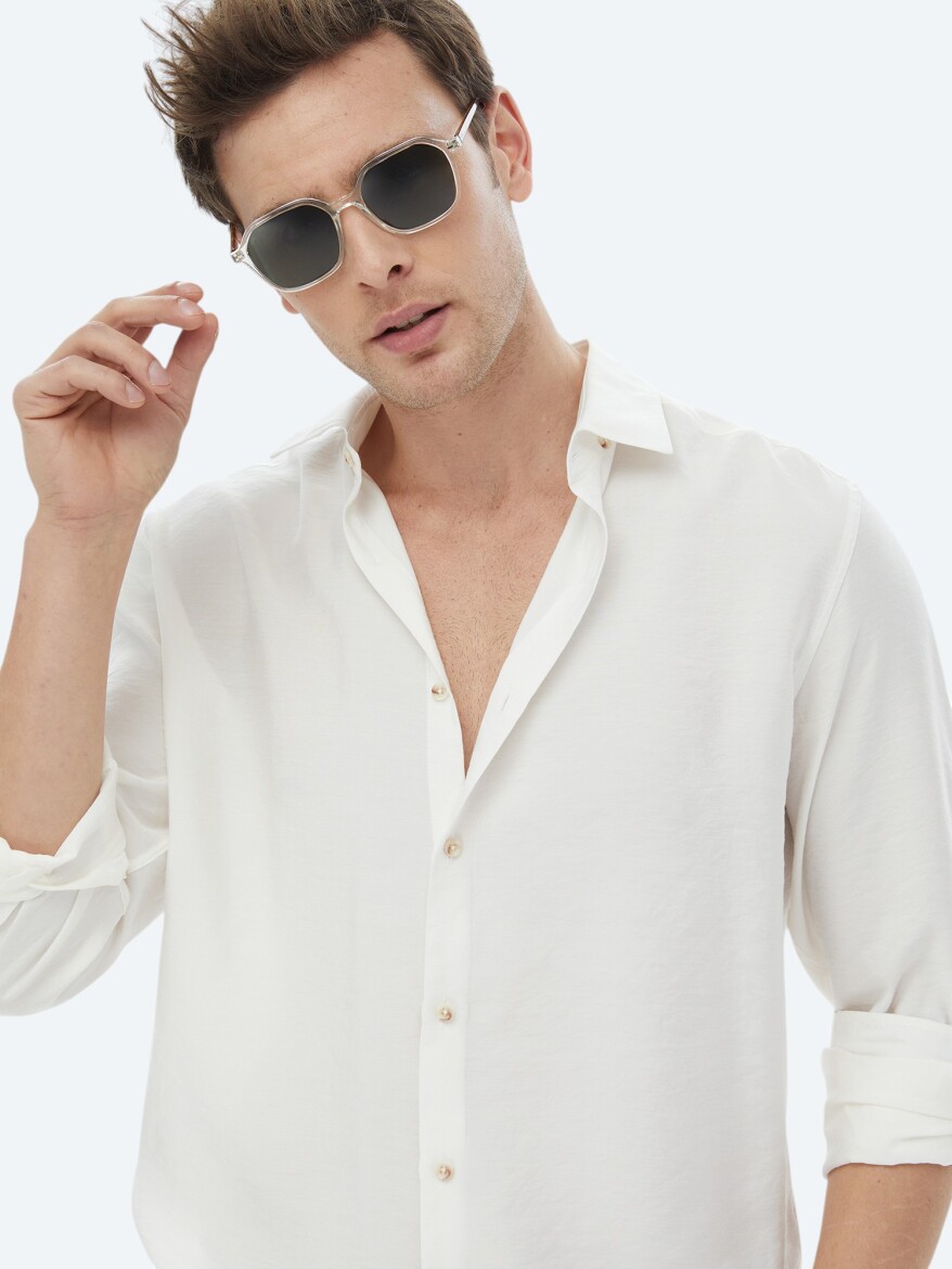 Ecru Plain Regular Fit Weaving Casual Shirt - 6