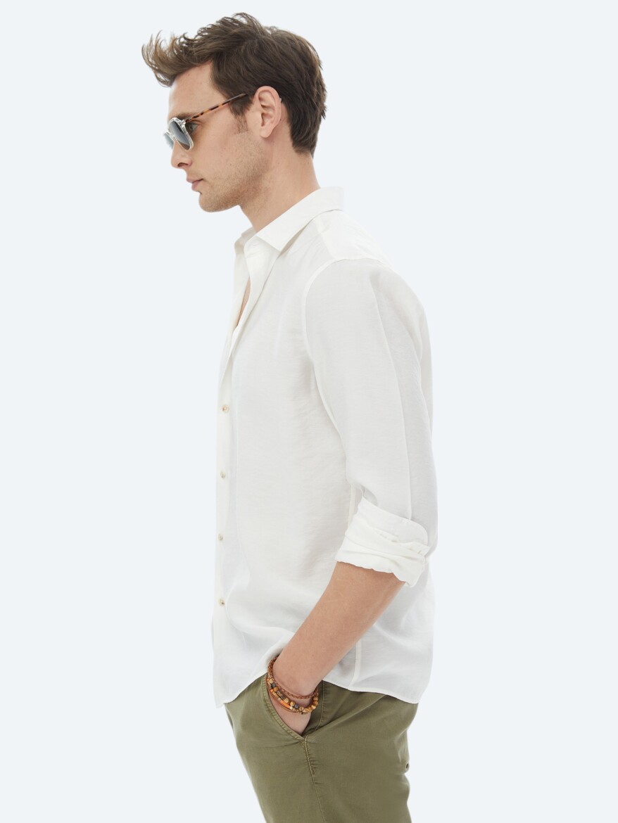 Ecru Plain Regular Fit Weaving Casual Shirt - 7