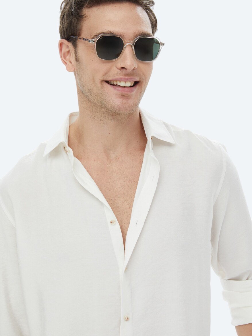 Ecru Plain Regular Fit Weaving Casual Shirt - 9