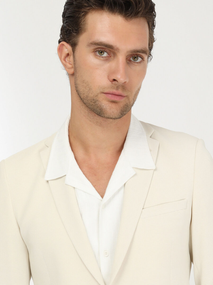Ecru Plain Slim Fit Jacket - 3