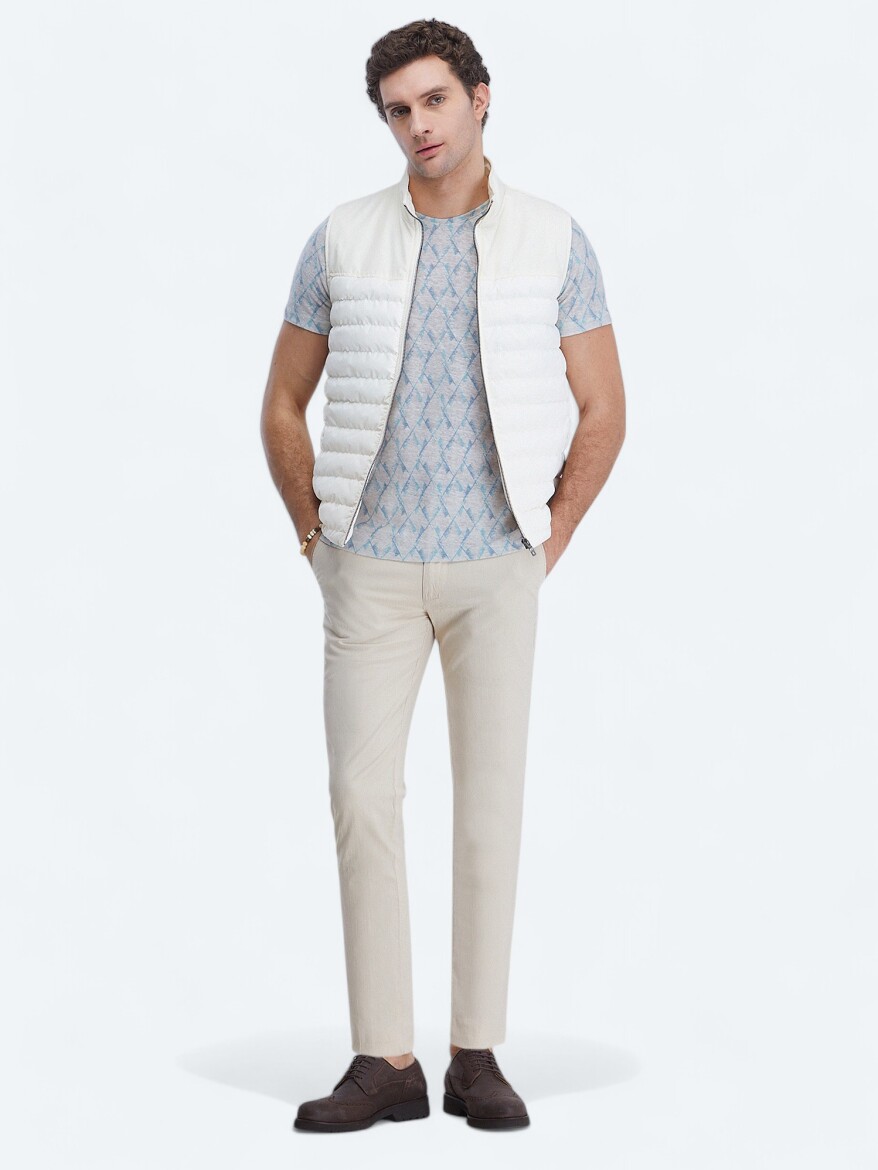 Ecru Regular Fit Turtleneck Casual Weaving Puffer Vest - 2