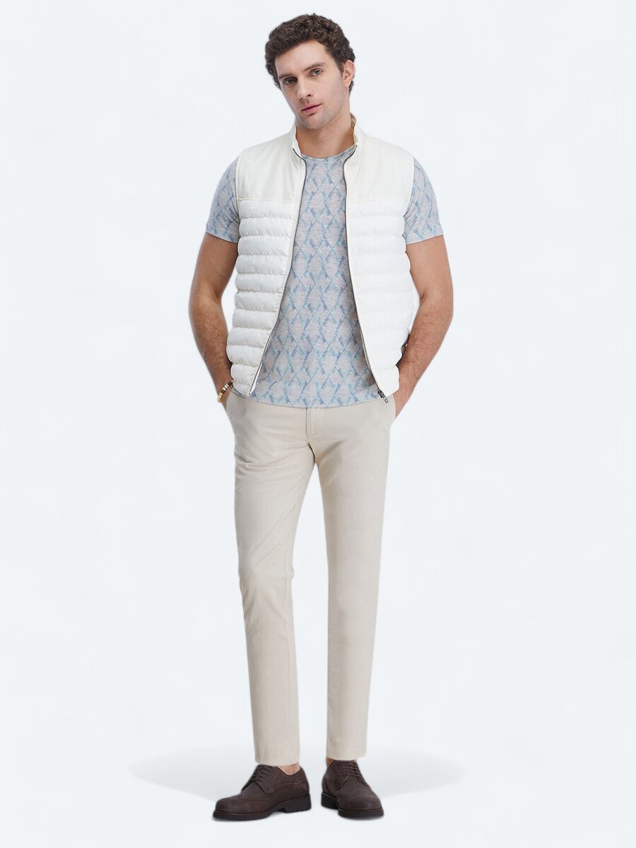 Ecru Regular Fit Turtleneck Casual Weaving Puffer Vest - 2