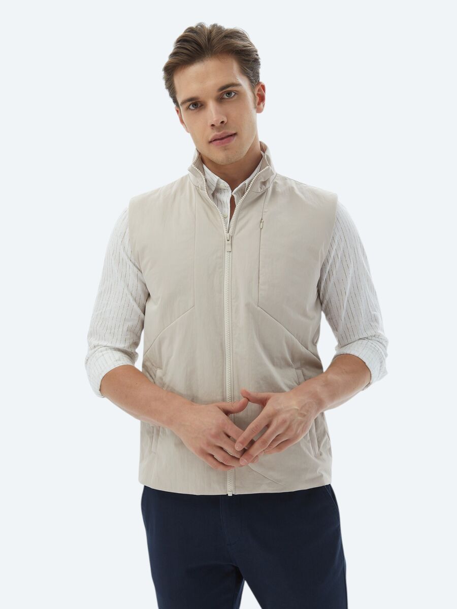 Ecru Regular Fit Turtleneck Casual Weaving Puffer Vest - 4