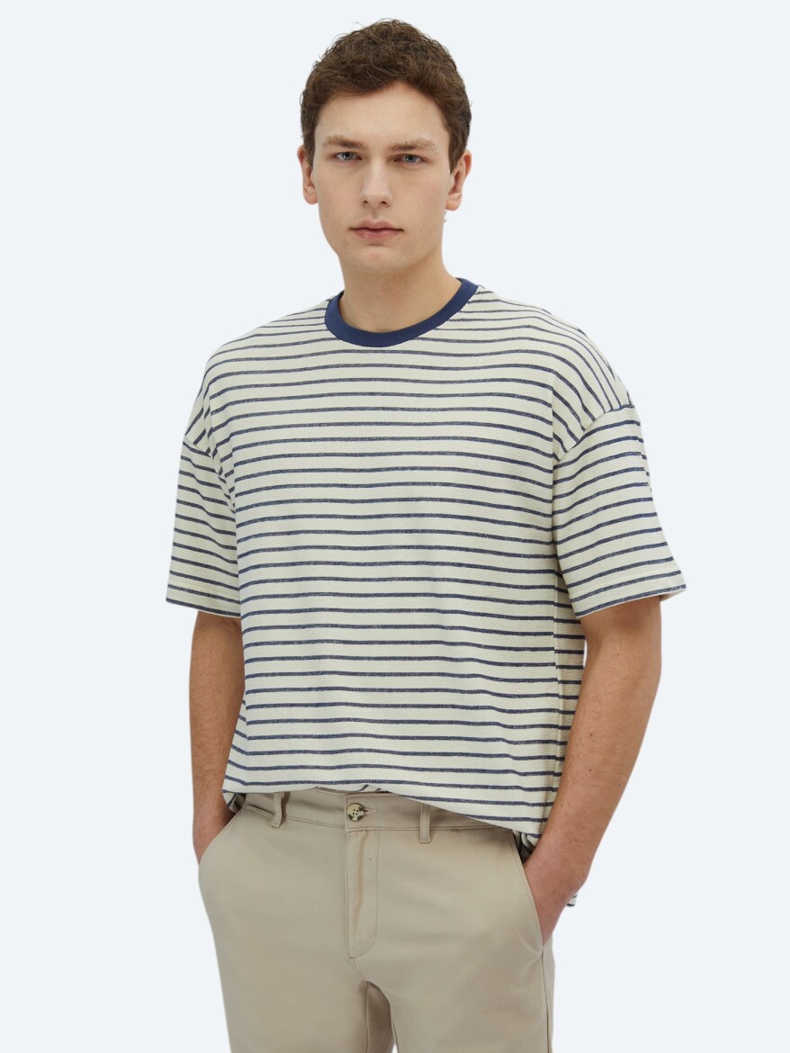 Ecru Striped Crew Neck 100% Cotton T-Shirt - KİP