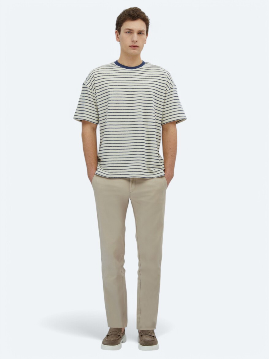 Ecru Striped Crew Neck 100% Cotton T-Shirt - KİP
