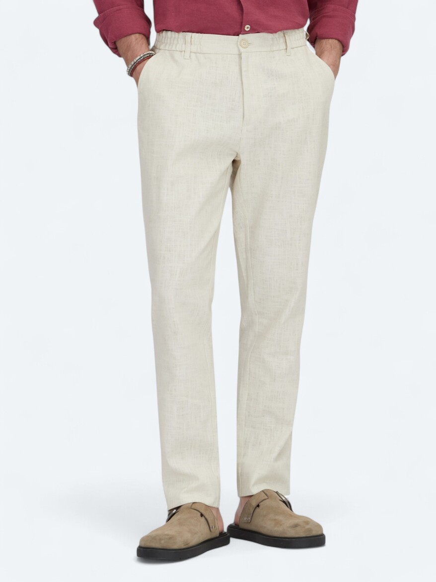 Ecru Weaving Jogging Fit Casual Cotton Blended Trousers - KİP