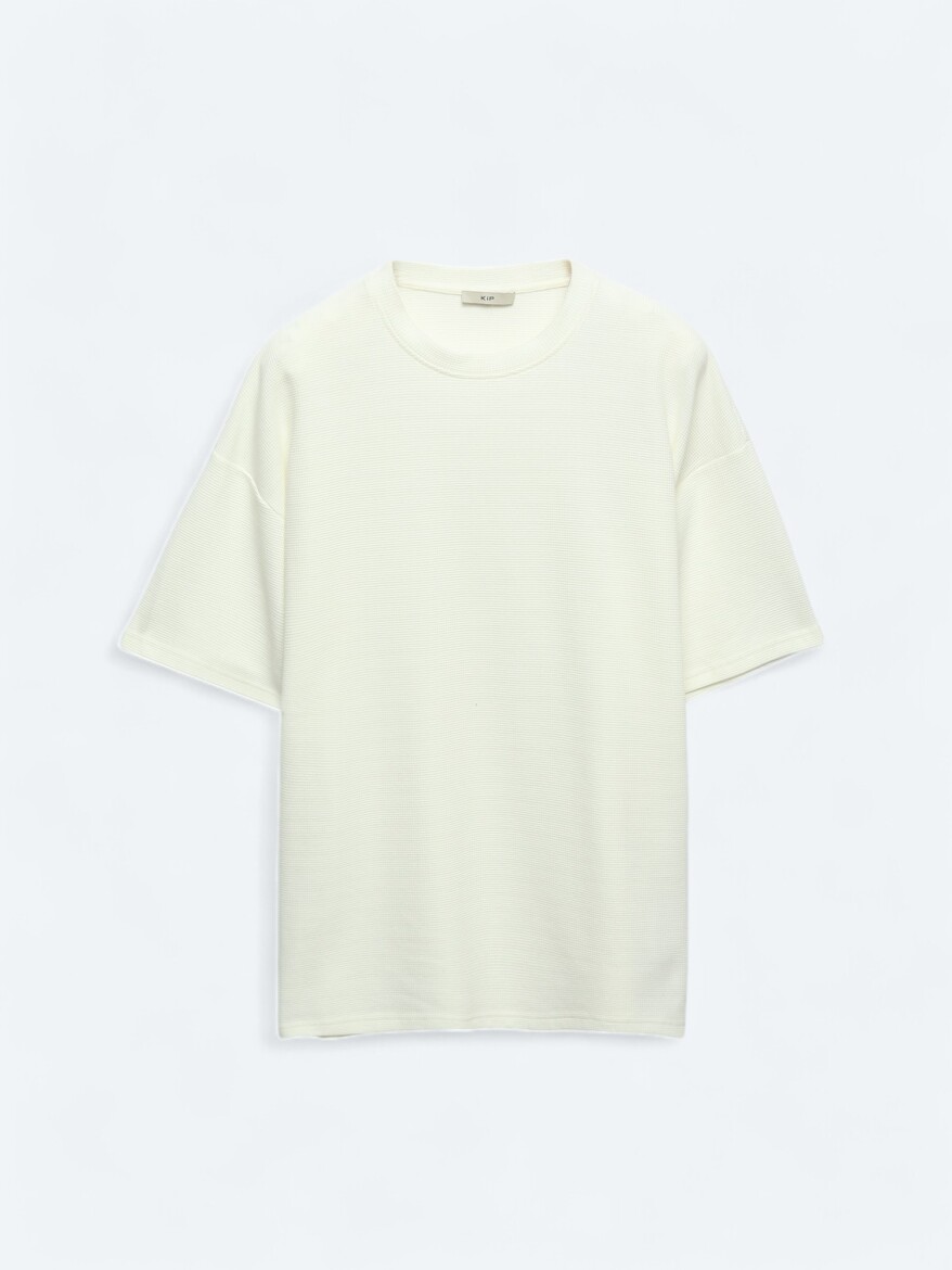 Ekru Bisiklet Yaka %100 Pamuk T-Shirt - 6