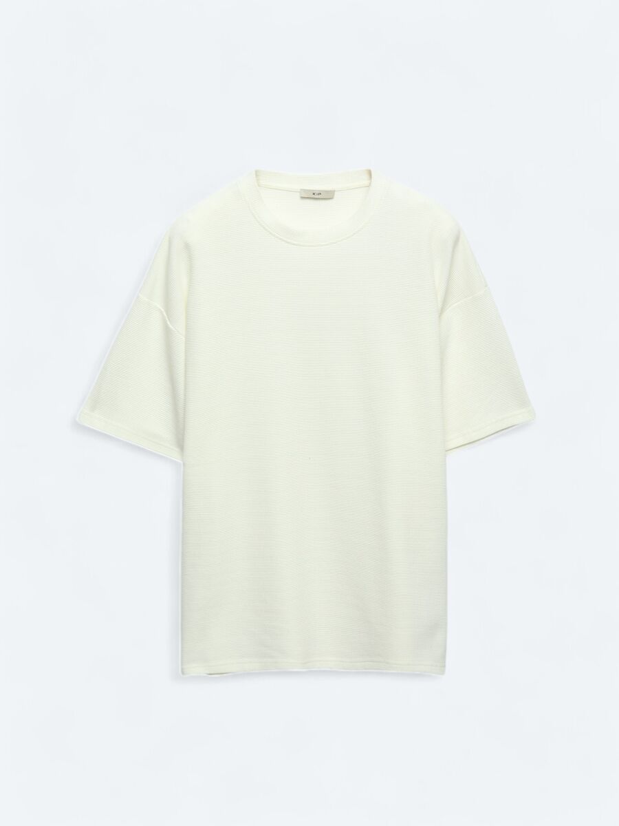 Ekru Bisiklet Yaka %100 Pamuk T-Shirt - 6