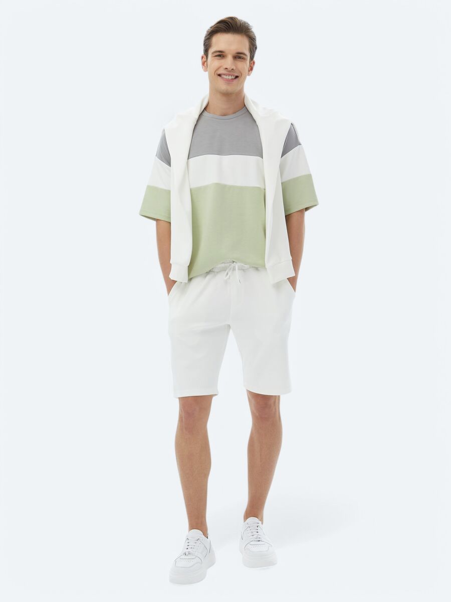 Ekru Düz Örme Jogging Fit Casual Bermuda - 1