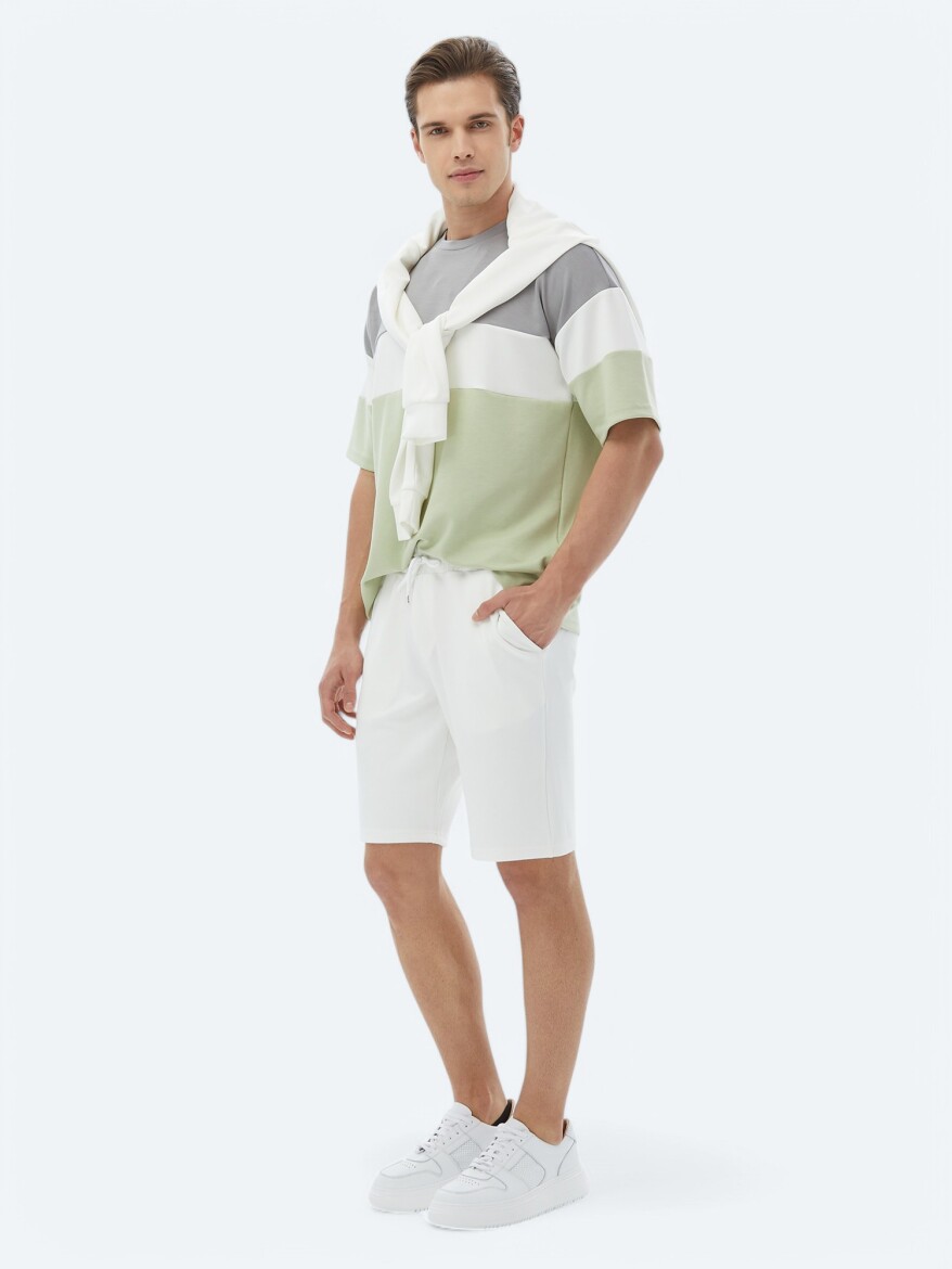 Ekru Düz Örme Jogging Fit Casual Bermuda - 3