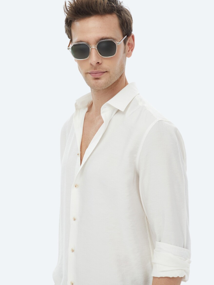 Ekru Düz Regular Fit Dokuma Casual Gömlek - 8