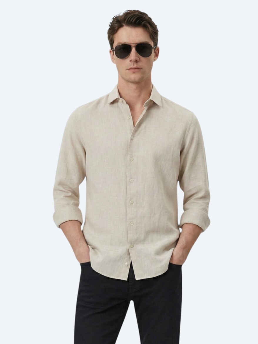 Ekru Düz Regular Fit Dokuma Casual Pamuk Karışımlı Gömlek - KİP