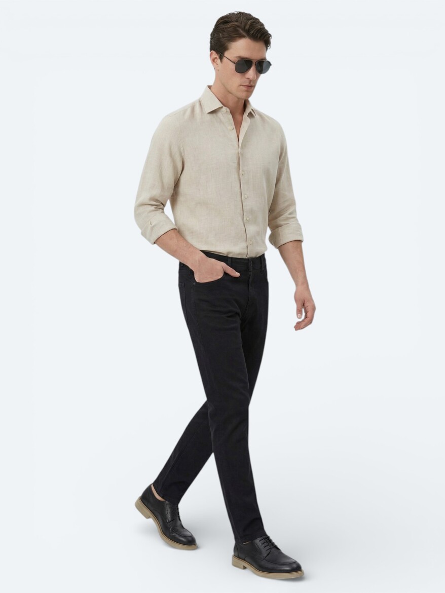 Ekru Düz Regular Fit Dokuma Casual Pamuk Karışımlı Gömlek - KİP