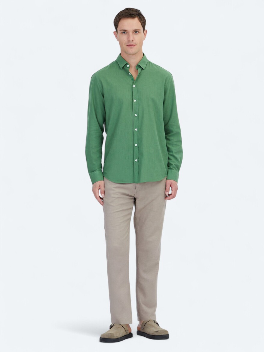 Fıstık Yeşili Düz Regular Fit Dokuma Casual %100 Pamuk Gömlek - KİP