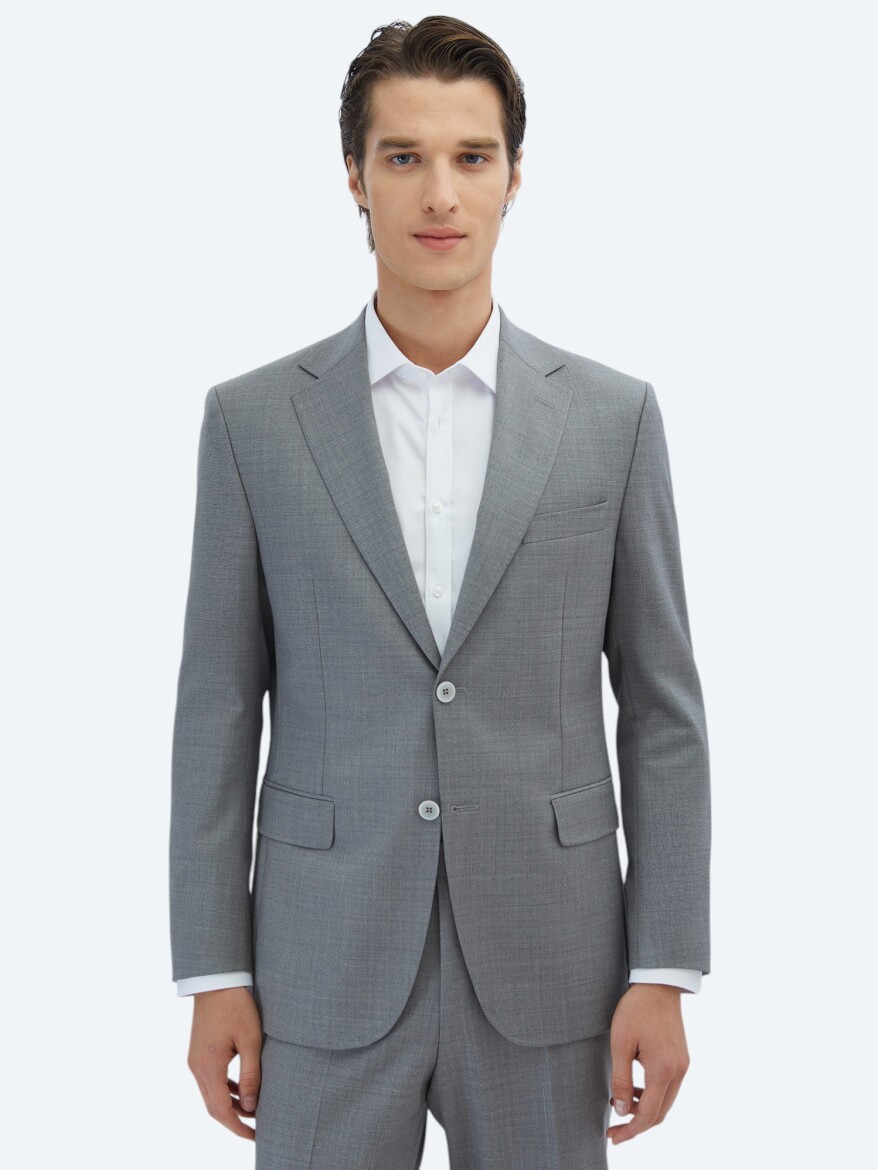 Grey Patterned Modern Fit Wool Blended Suit - KİP