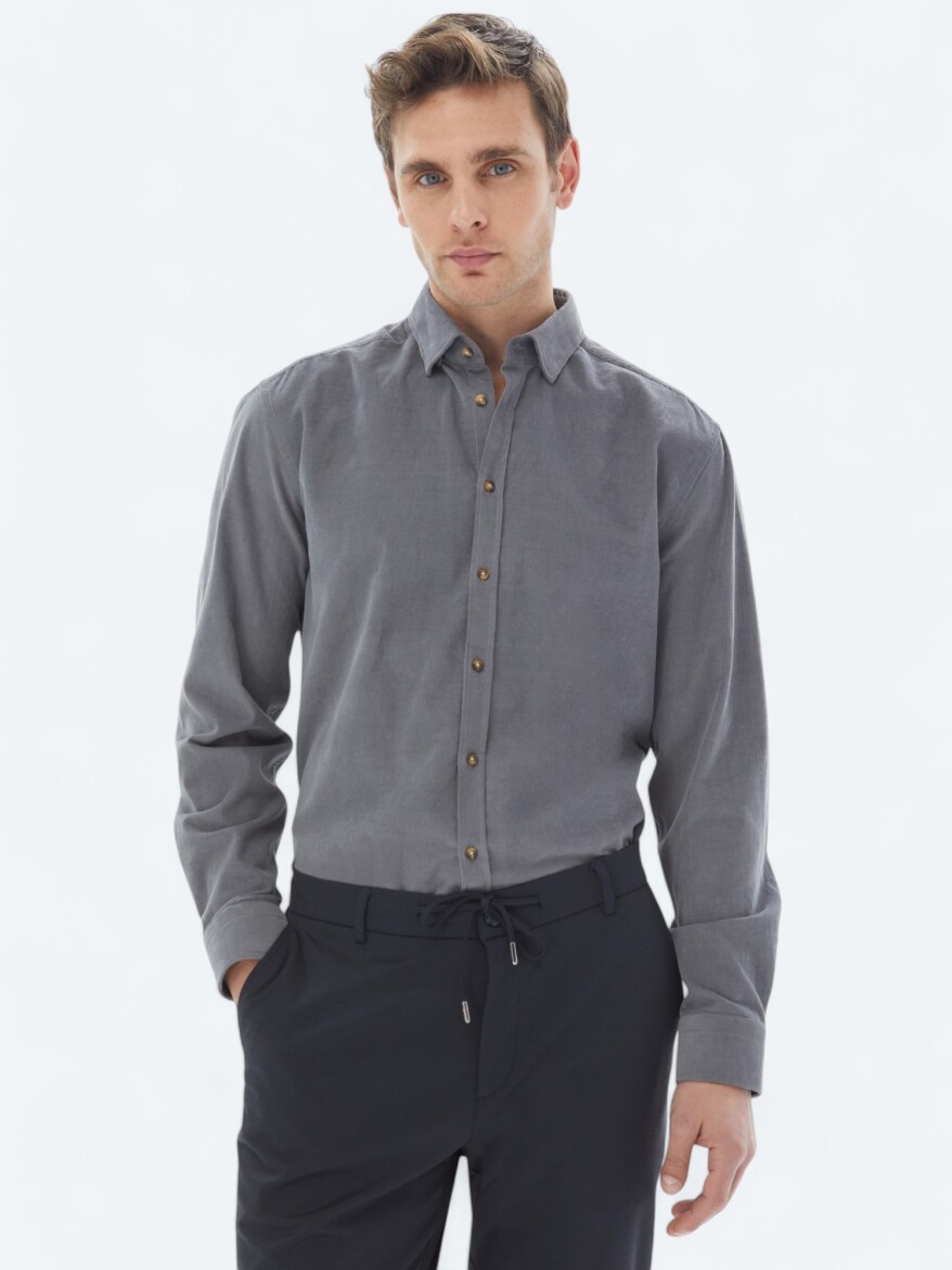 Grey Ribbed Regular Fit Weaving Casual 100% Cotton Shirt - 1