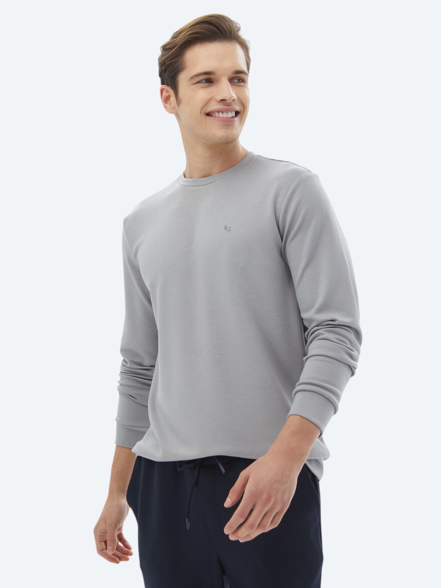 Gri Bisiklet Yaka Baskılı Sweatshırt - 1