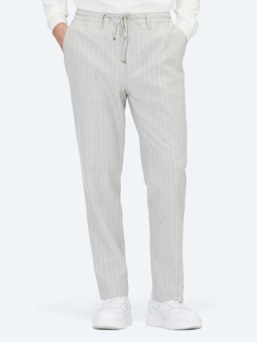 Gri Çizgili Dokuma Jogging Fit Casual Keten Karışımlı Pantolon - KİP