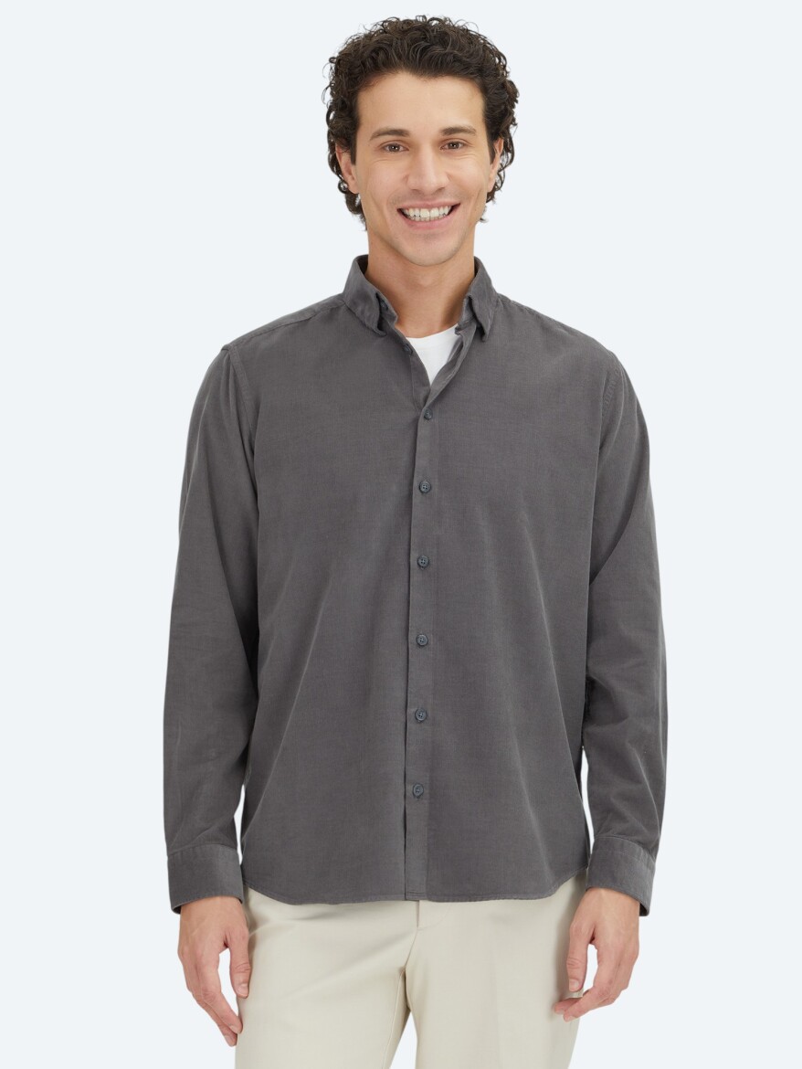 Gri Çizgili Regular Fit Dokuma Kadife Casual %100 Pamuk Gömlek - KİP