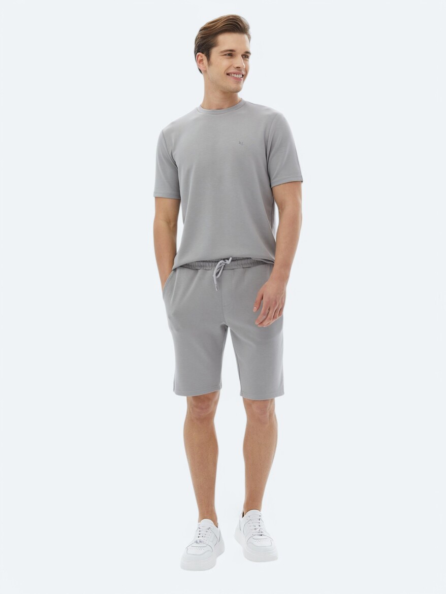 Gri Düz Bisiklet Yaka T-Shirt - 5