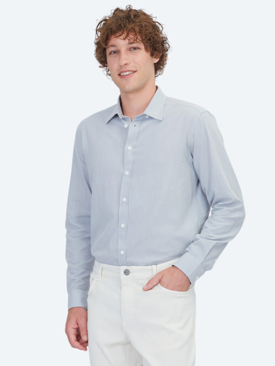 Gri Düz Regular Fit Dokuma Casual %100 Pamuk Gömlek - 1