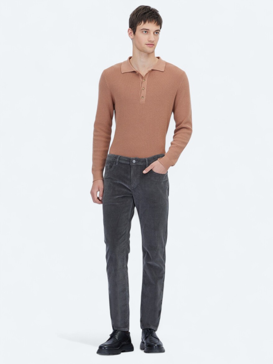 Gri Fitilli Dokuma Slim Fit Kadife Casual Pamuk Karışımlı Pantolon - KİP