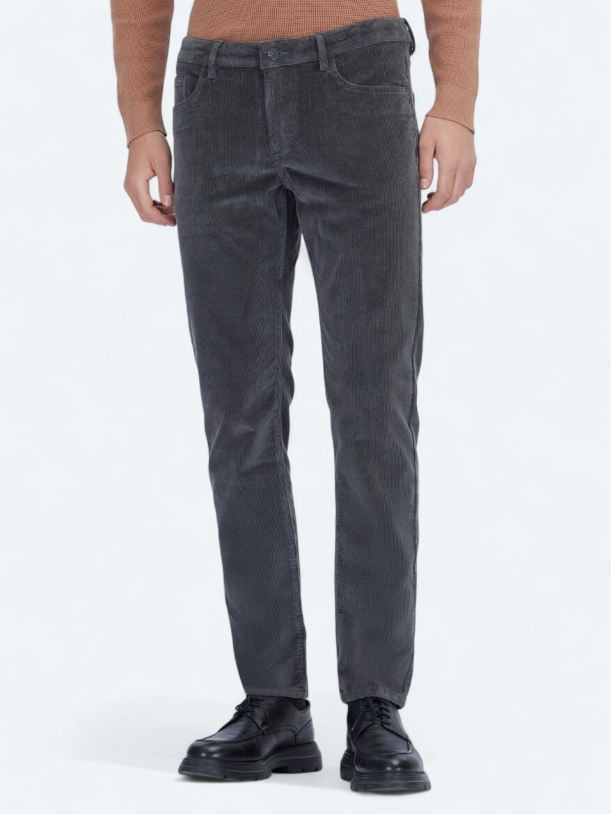 Gri Fitilli Dokuma Slim Fit Kadife Casual Pamuk Karışımlı Pantolon - KİP