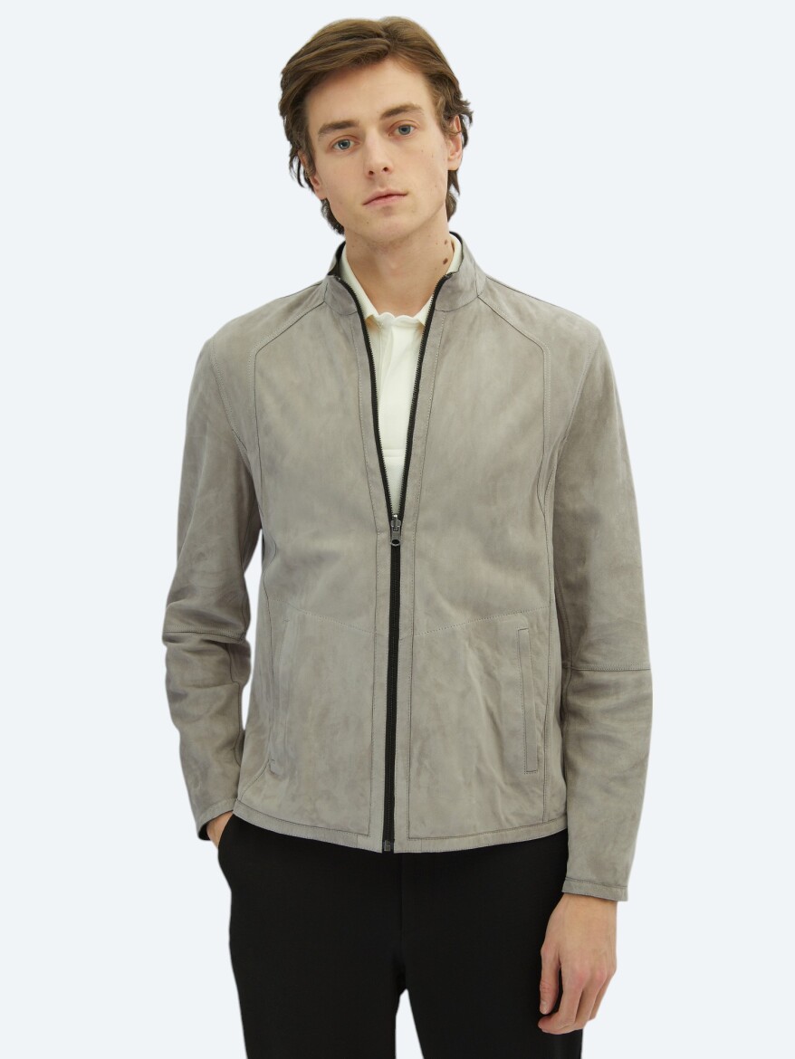 Gri Regular Fit Dik Yaka Smart Casual Çift Taraflı Deri Mont - KİP