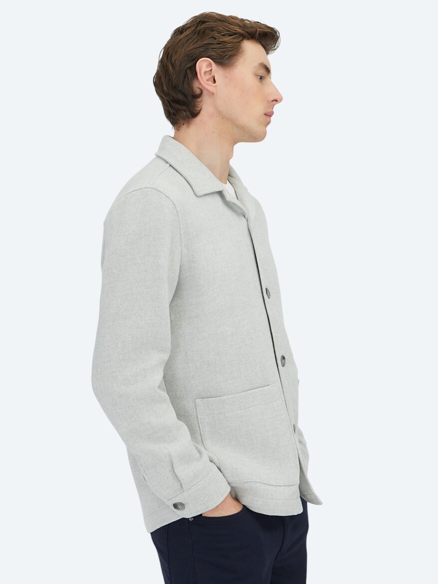 Gri Regular Fit Dokuma Yün Karışımlı Overshırt - KİP