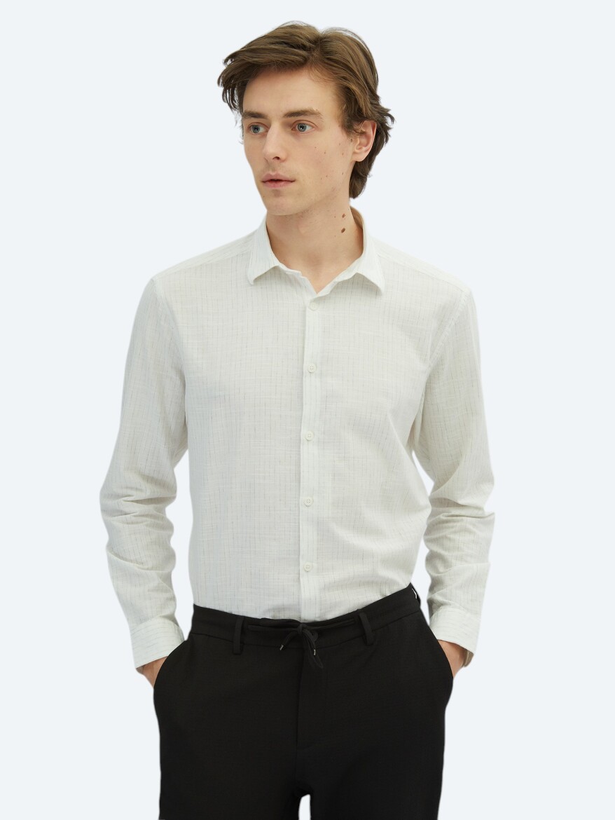 Haki Çizgili Regular Fit Dokuma Casual %100 Pamuk Gömlek - KİP
