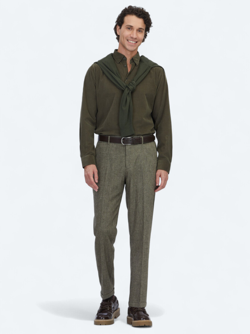 Haki Dokuma Jogging Fit Casual Yün Karışımlı Pantolon - KİP