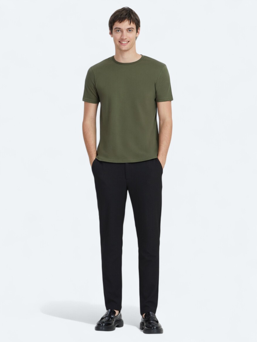 Haki Düz Bisiklet Yaka %100 Pamuk T-Shirt - KİP