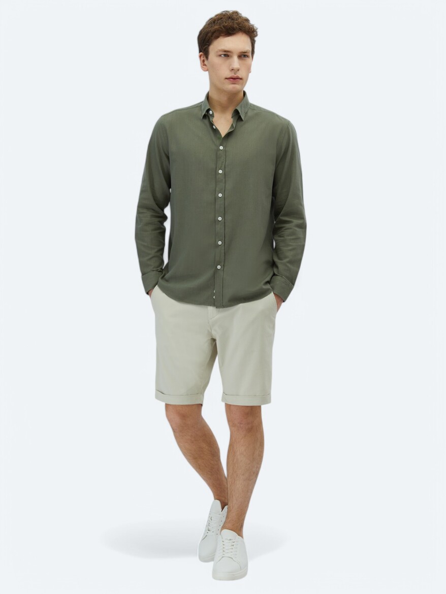 Haki Düz Regular Fit Dokuma Casual %100 Pamuk Gömlek - KİP