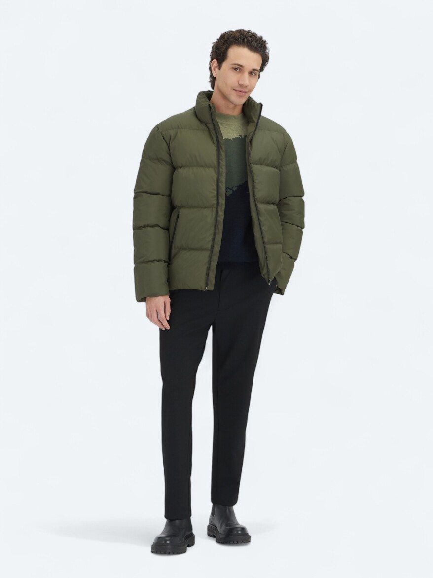 Haki Regular Fit Dik Yaka Casual Dokuma Mont - KİP