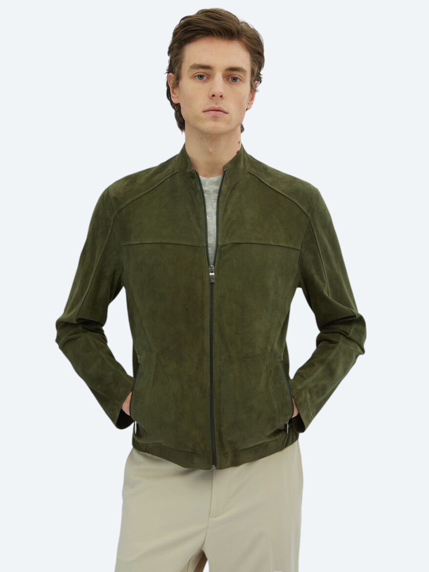 Haki Regular Fit Dik Yaka Smart Casual Deri Mont - KİP