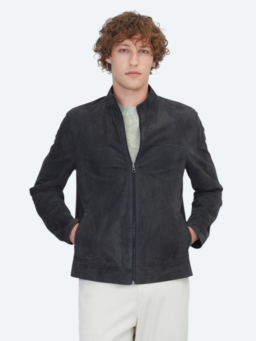 Haki Regular Fit Dik Yaka Smart Casual Deri Mont - KİP