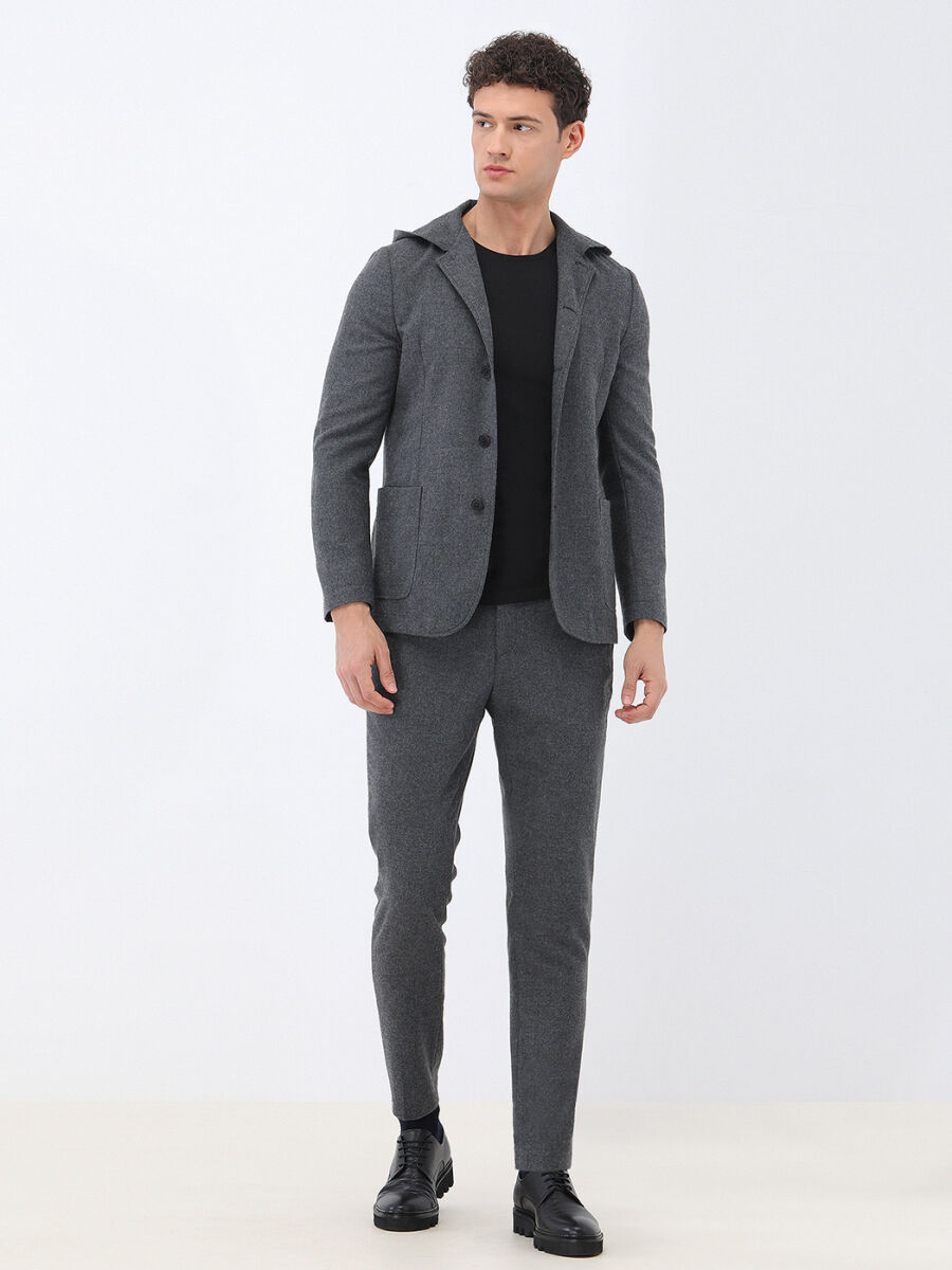 Hard Coal Plain Modern Fit Wool Blended Suit - 3