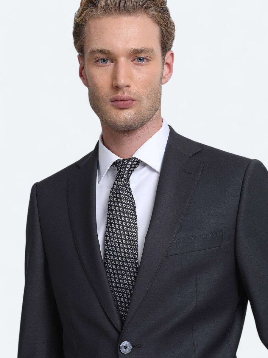 Hard Coal Plain Modern Fit Wool Blended Suit - 2