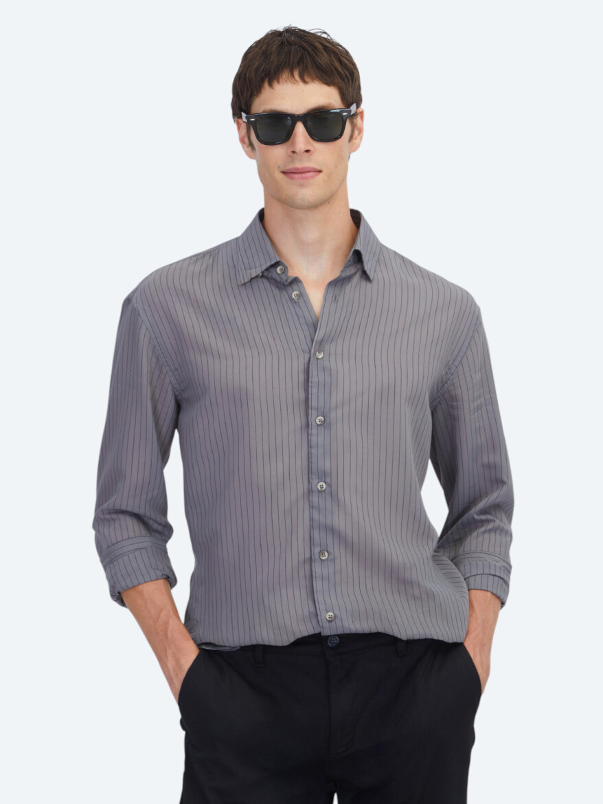 Hard Coal Striped Oversize Fit Weaving Casual Shirt - 1