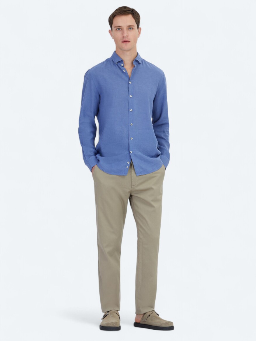 Havacı Mavi Düz Regular Fit Dokuma Casual Pamuk Karışımlı Gömlek - KİP