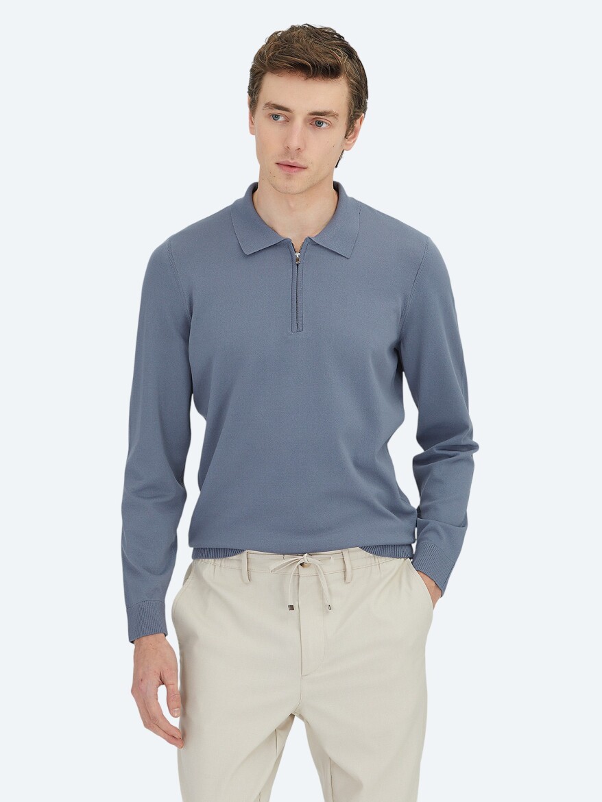 Havacı Mavi Polo Yaka Düz Örgü Triko Kazak - KİP