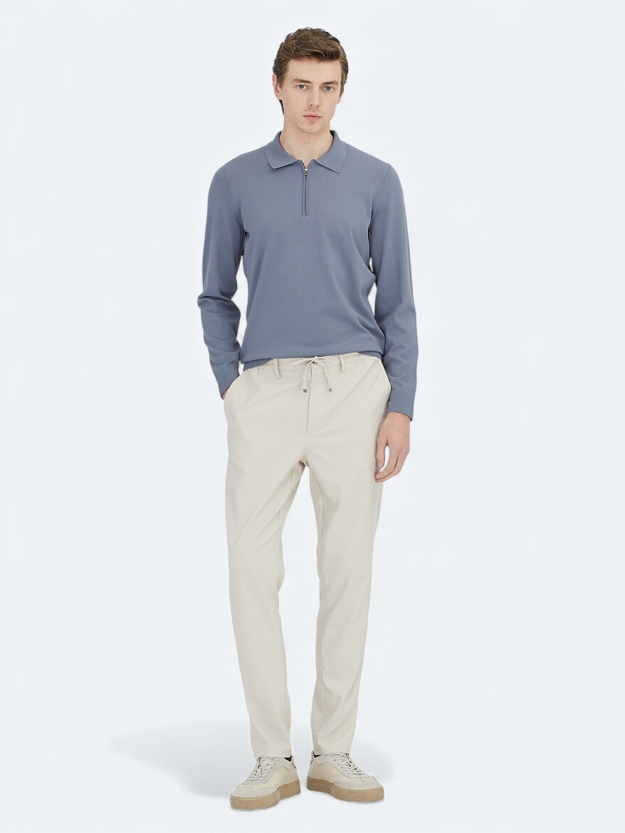 Havacı Mavi Polo Yaka Düz Örgü Triko Kazak - KİP