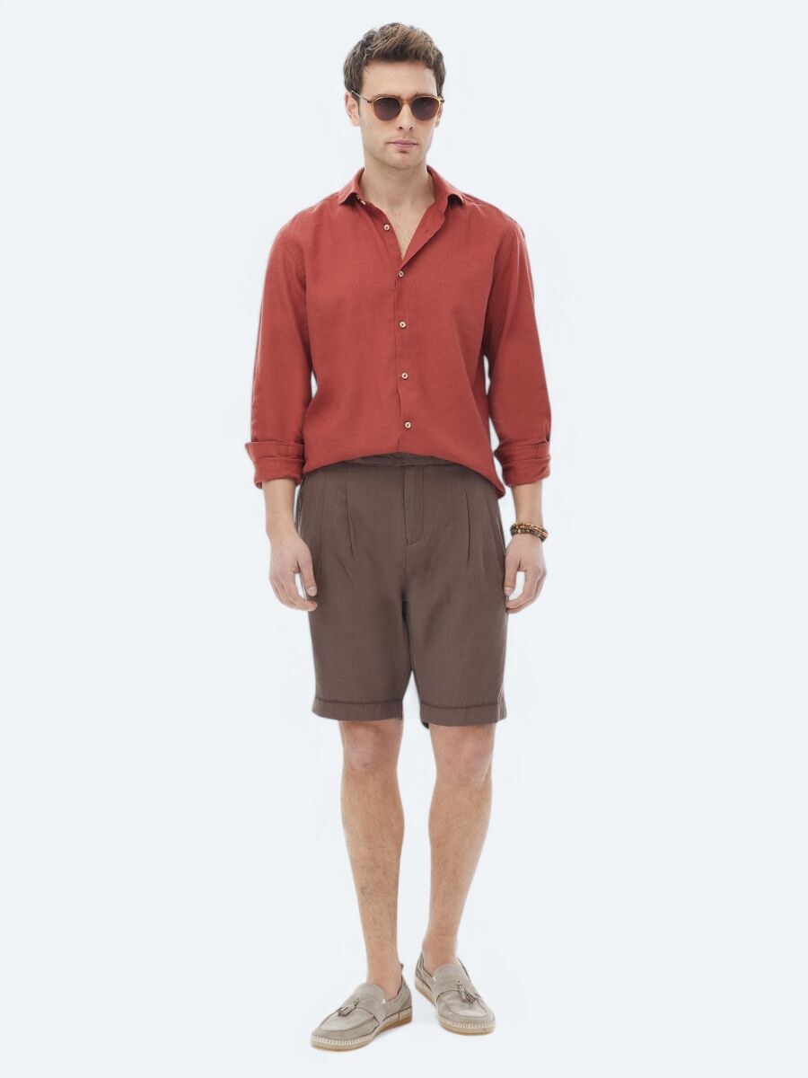 Kahverengi Dokuma Carrot Fit Casual Bermuda - 1