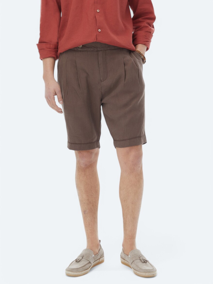 Kahverengi Dokuma Carrot Fit Casual Bermuda - 2