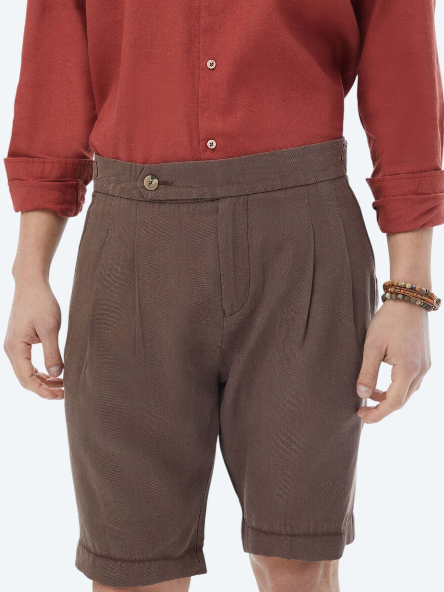 Kahverengi Dokuma Carrot Fit Casual Bermuda - 3