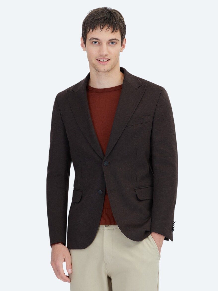 Kahverengi Düz Modern Fit Yün Karışımlı Ceket - KİP