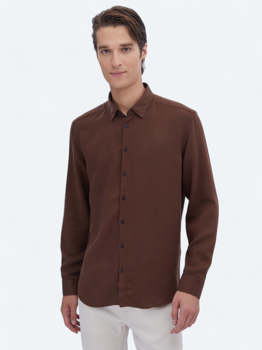 Kahverengi Fitilli Regular Fit Dokuma Casual Gömlek - 3