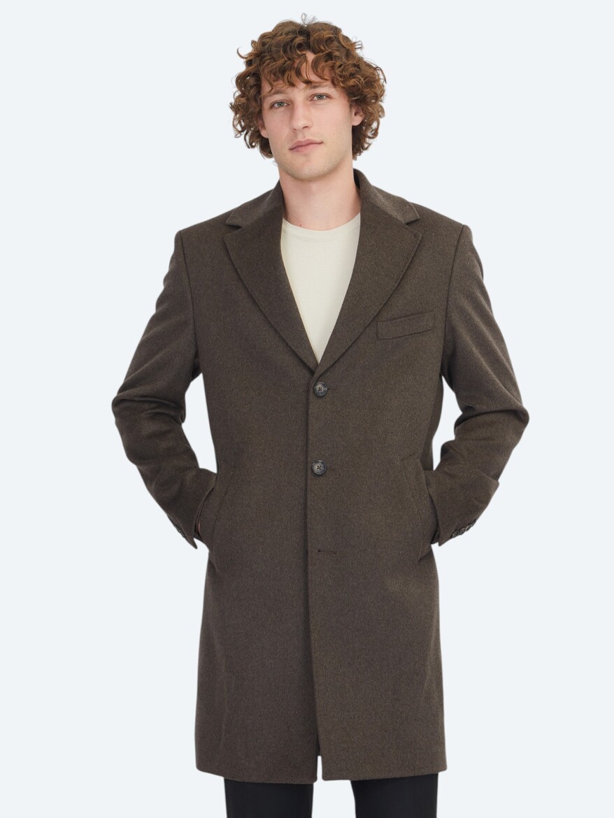 Kahverengi Regular Fit Kruvaze Yaka Casual Dokuma Palto - KİP