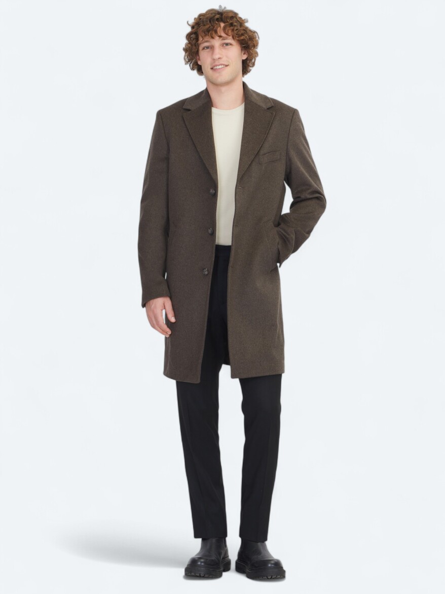 Kahverengi Regular Fit Kruvaze Yaka Casual Dokuma Palto - KİP