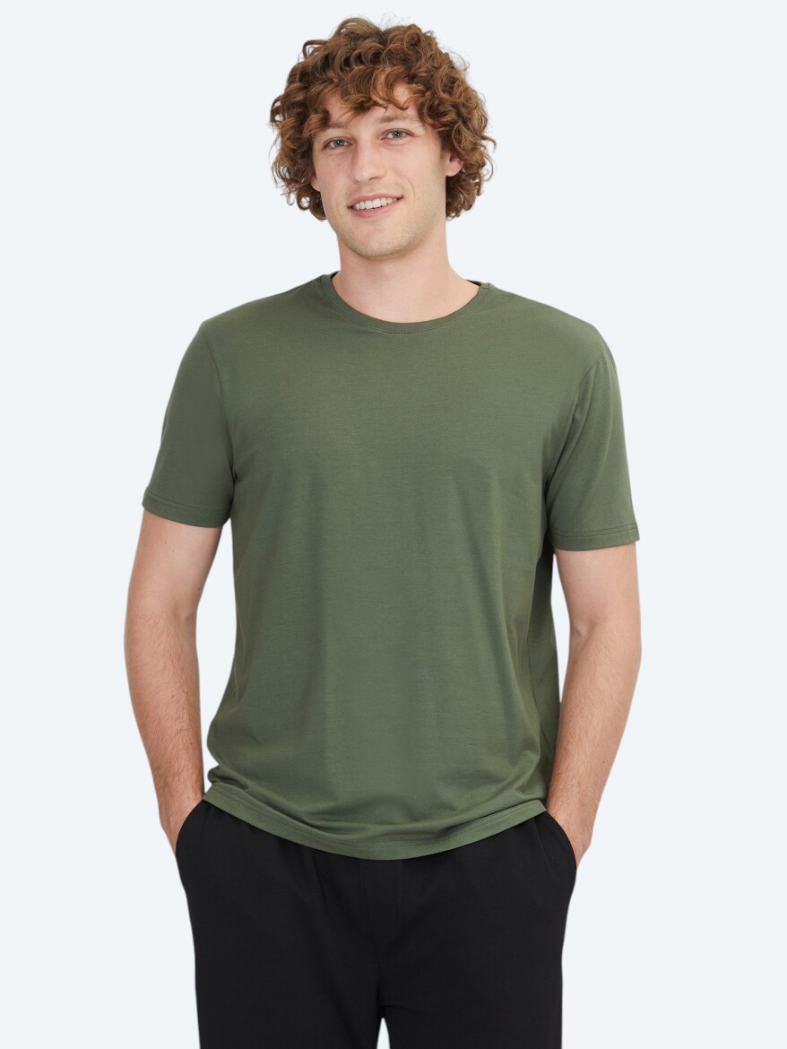 Khaki Plain Crew Neck Cotton Blended T-Shirt - KİP